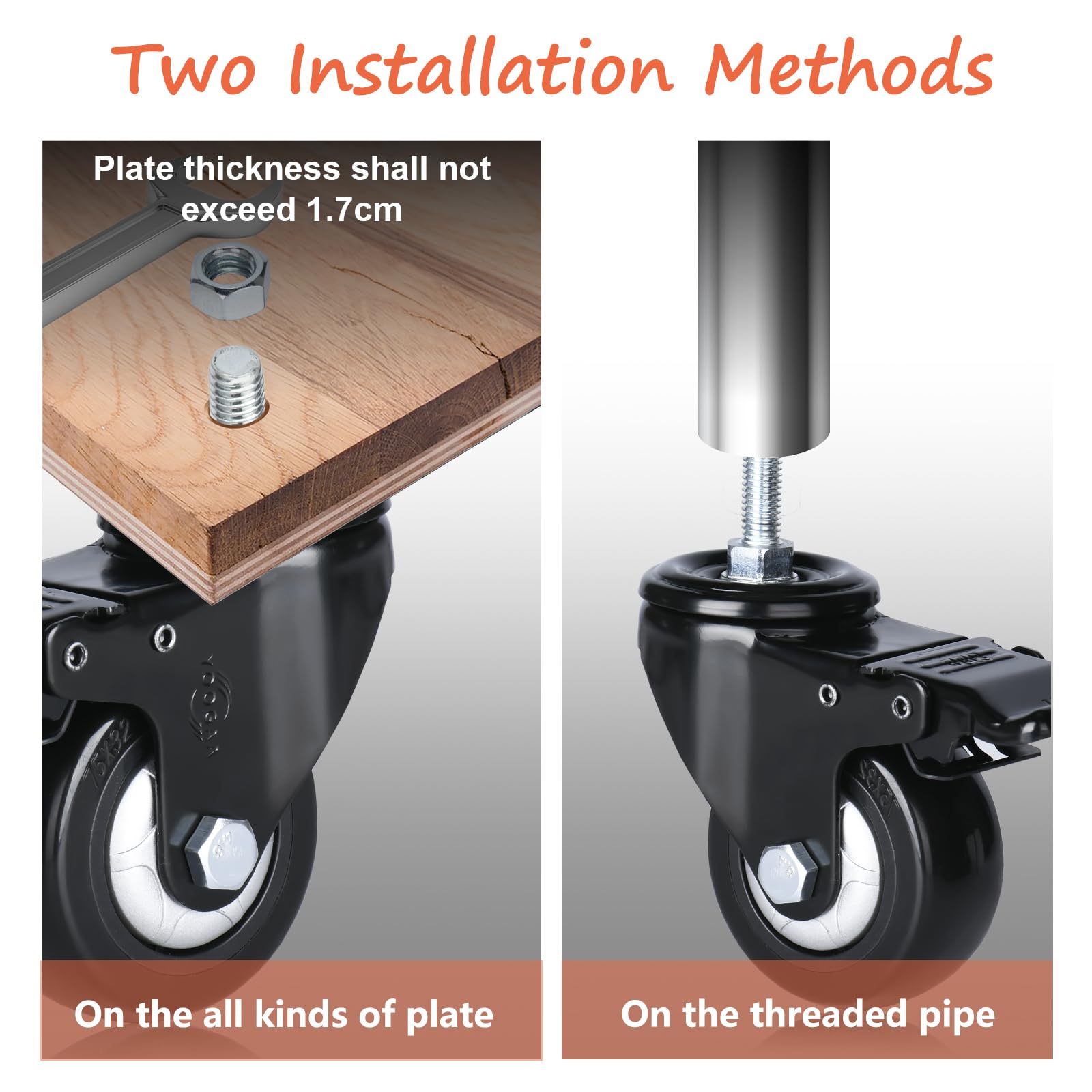 Rotelle da 75 mm con perno filettato M10-1,5 x 25 – Confezione da 4 pezzi – Carico elevato 450 kg con doppia chiusura di sicurezza e rotelle silenziose per scaffalature metalliche, carrelli, mobili
