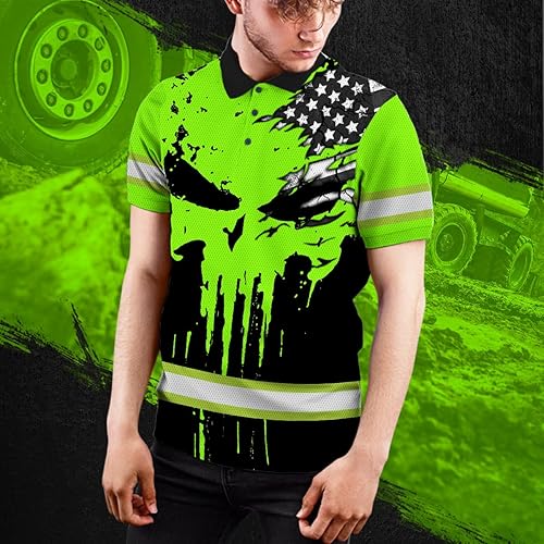 Miniatura 7 de Maddly Polo de alta visibilidad con diseño de calavera y bandera de Estados Unidos, ropa de trabajo patriótica con nombre personalizado para