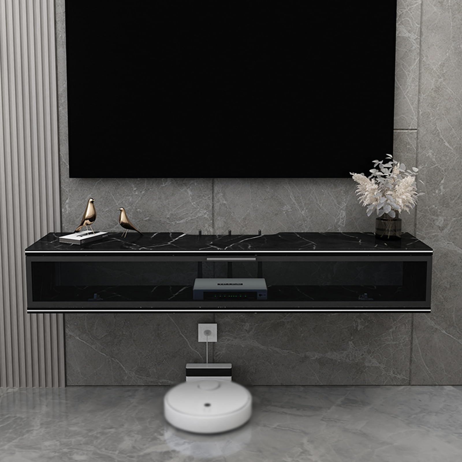 Moderne schwebende TV-Konsolen-Wandhalterung, stilvolles weißes Aufbewahrungsregal mit Rockboard-Design, vielseitiges Hängeregal für Wohnzimmer und Schlafzimmer, schwarzes S-Muster (80 x 23 x 20,4 cm)