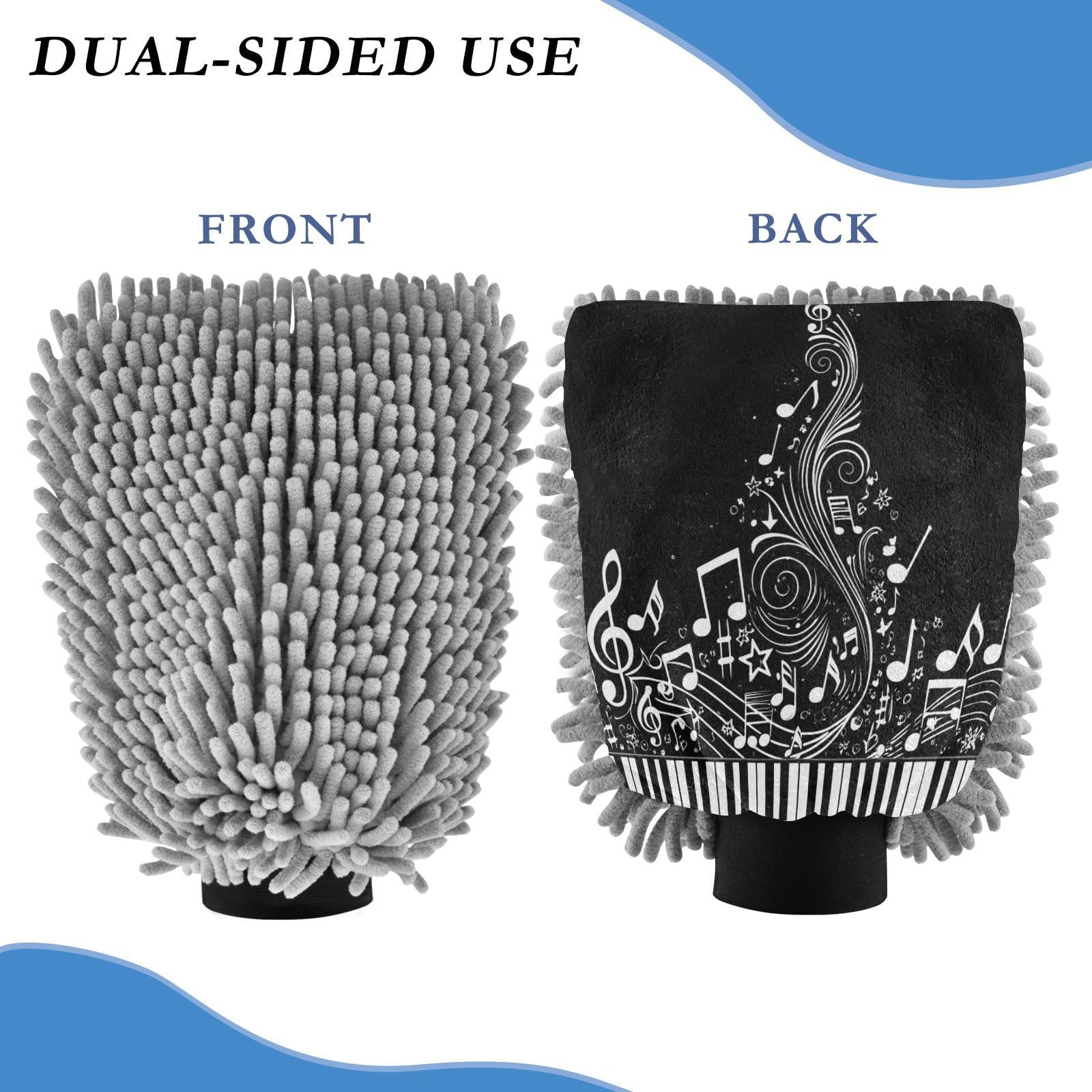 Kigai Black and White Piano Keys Car Wash Mitt Microfiber, 2Pcs Scratch Free Lint-Free, Premium Chenille Microfiber Mitt Car Wash Brush-L
