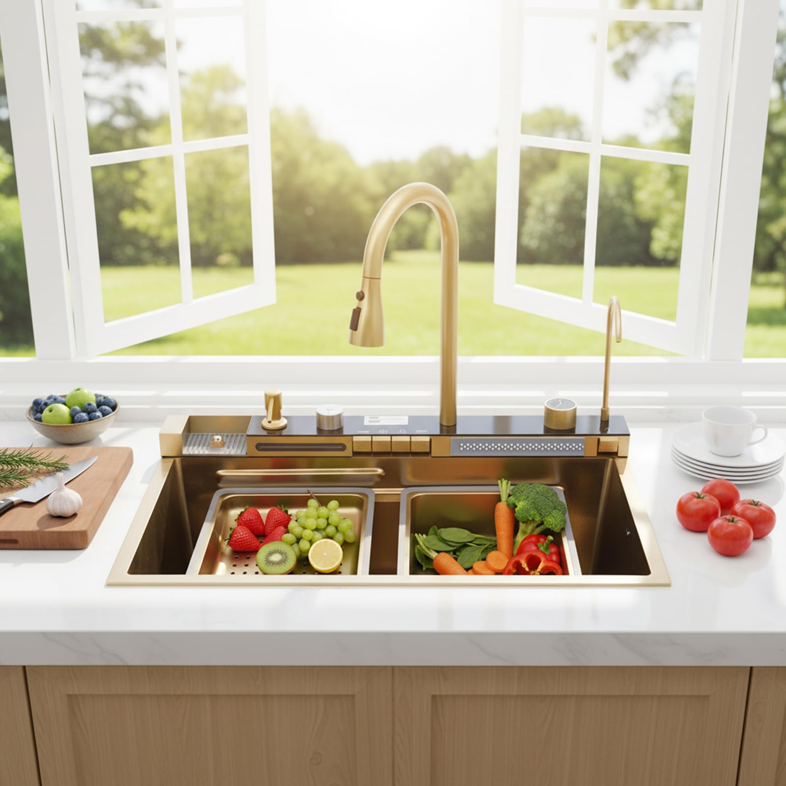 Fregadero de cocina, 75 x 46 x 22 cm, acero inoxidable, con grifo para cocina | Fregadero dorado con dispensador de jabón extensible, cascada, aspersor, función lluvia, escurridor, sifón para el hogar