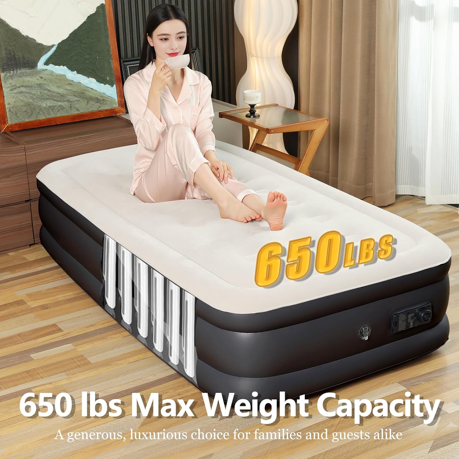 Twin Air Mattress with Built-in Pump, 2 Min Fast Inflation, 18" Raised Height, Supports up to 650 lbs, for Camping, Home Use, Guests, Portable Travel–Single Air Mattress