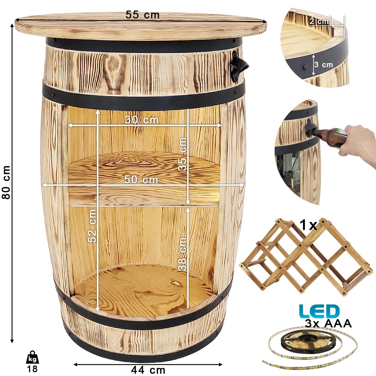 weeco Tonneau en bois avec top blat et porte-vin et lampes LED - Table de bar - Armoire à vin de style rétro - Table de bar - Baril en bois avec couvercle - 80 x 50 cm