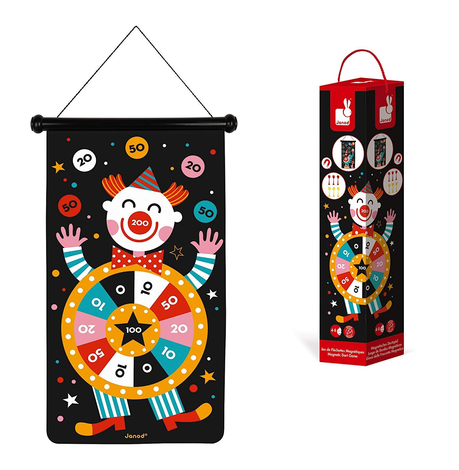 Janod - Magnetisches Dartspiel mit Zirkus-Motiv, doppelseitig, Geschicklichkeitsspiel, zum Erlernen von Agilität und Konzentration, 6 Pfeile, ab 4 Jahren, J02074