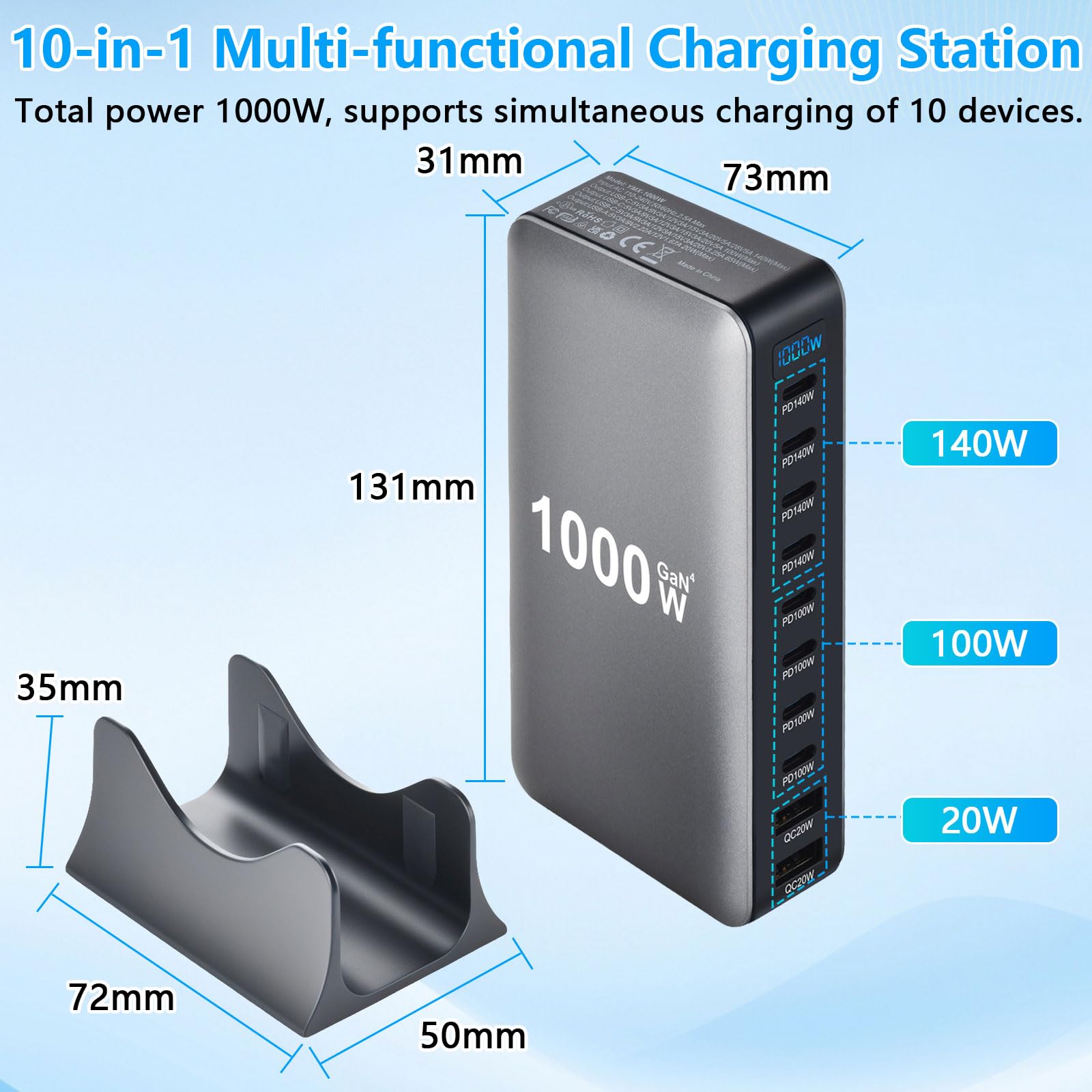 Chargeur USB C multiple 1000 W - 10 ports - Chargeur rapide pour ordinateur portable - Station de charge compatible avec MacBook Pro/Air, iPad, iPh0ne, Galaxy S25, etc
