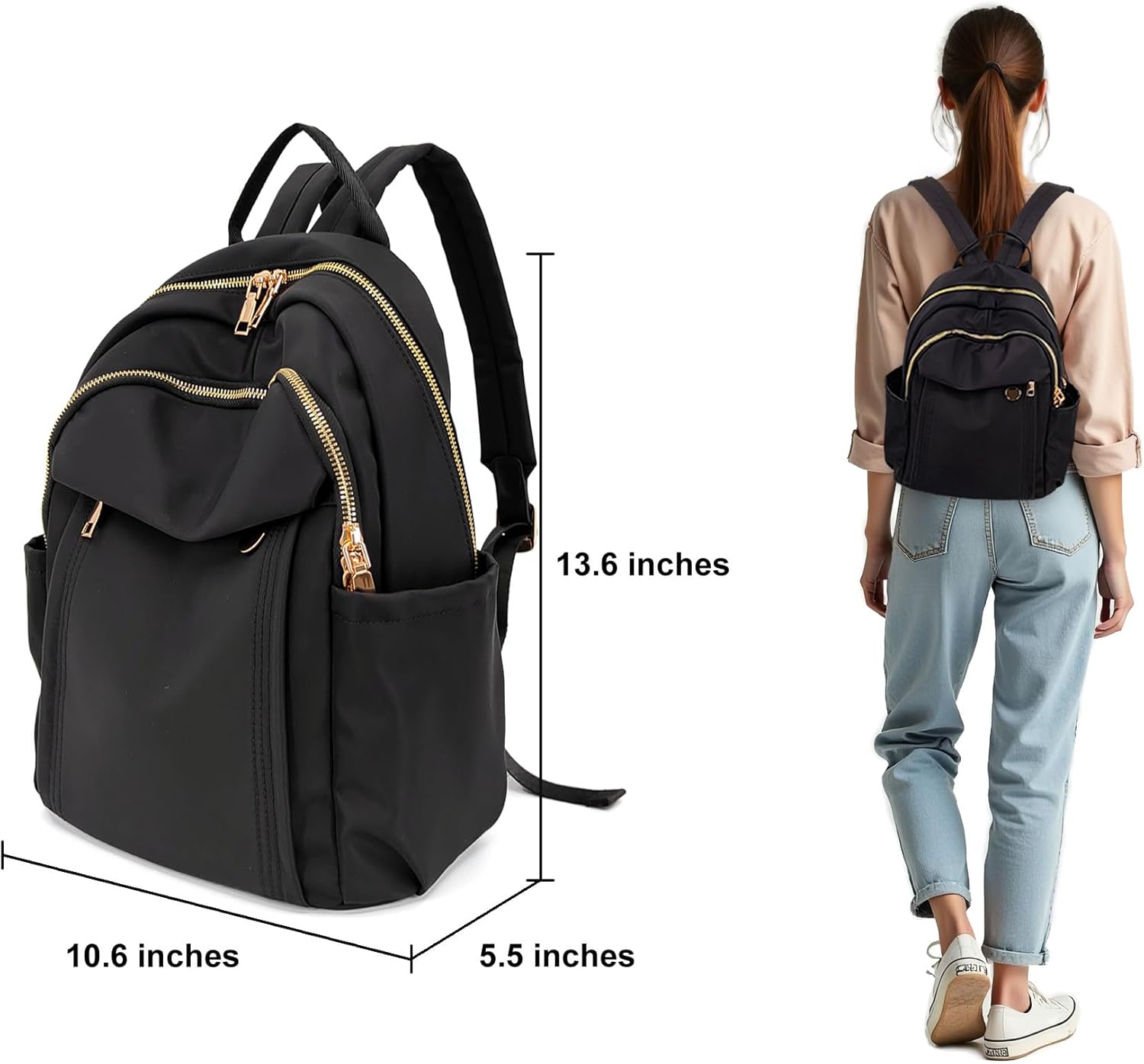 Compact Small Fashion Backpack Purse for Women, Chic Mini Daypack with Gold-Tone Hardware, Casual Minimalist Lightweight Water-Resistant Nylon Bag for Petite Women & Daily Essentials (Black) - Image 7