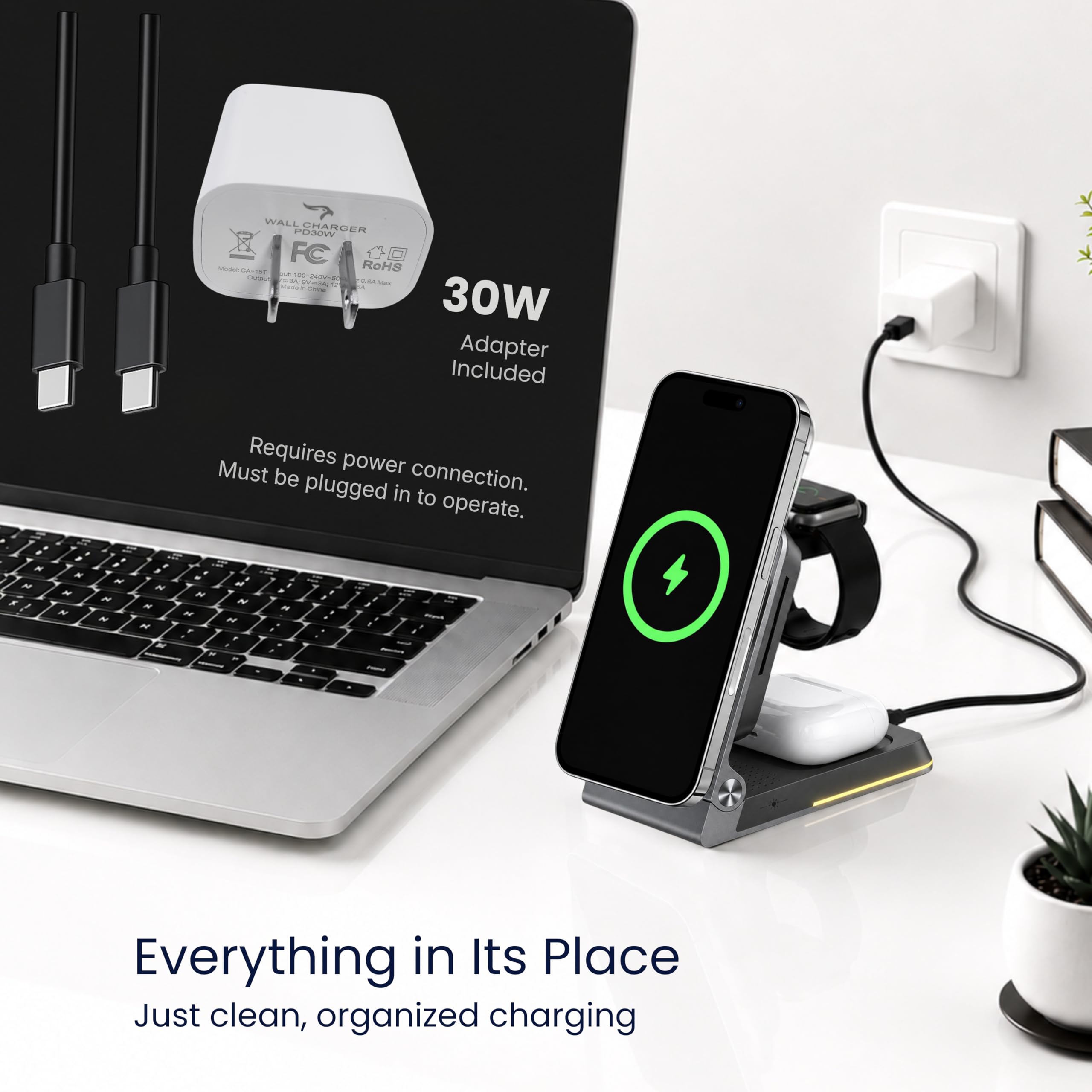 Qi2 3 in 1 Faltbare Magnetische Kabellose Ladestation für Apple Geräte 15W Schnellladegerät für iPhone 11-17, Apple Watch und AirPods Tragbares Reise-Dock, kompatibel mit MagSafe. 30W Adapter