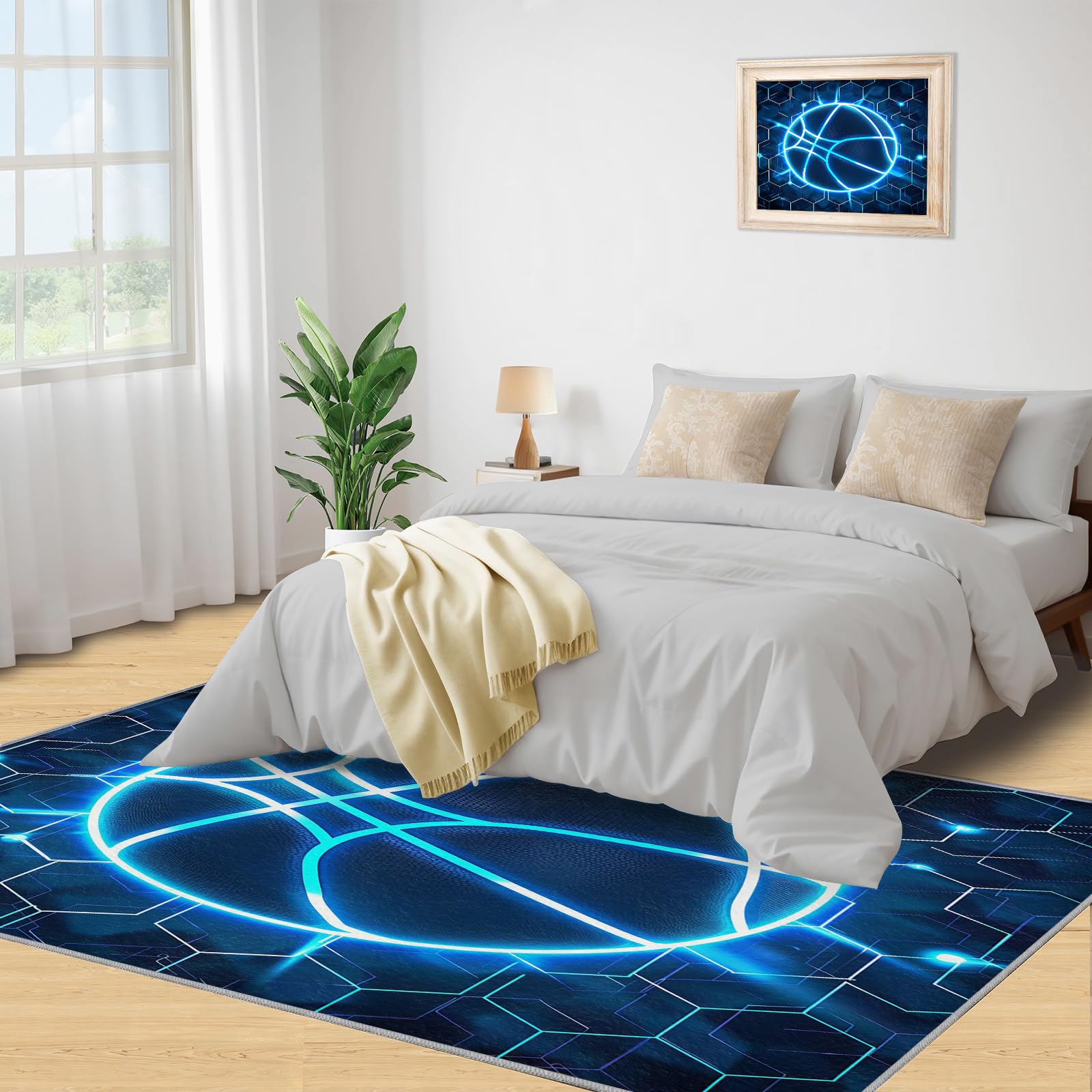 Tapis de Basket Bleu Fluo Abstrait Nid Abeille Bleu Marine Tapis de Basketball Irrégulier Rayures Hexagonales Tapis Mince pour Chambre d'Enfant Décoration de Chambre d'Adolescent 70x140cm