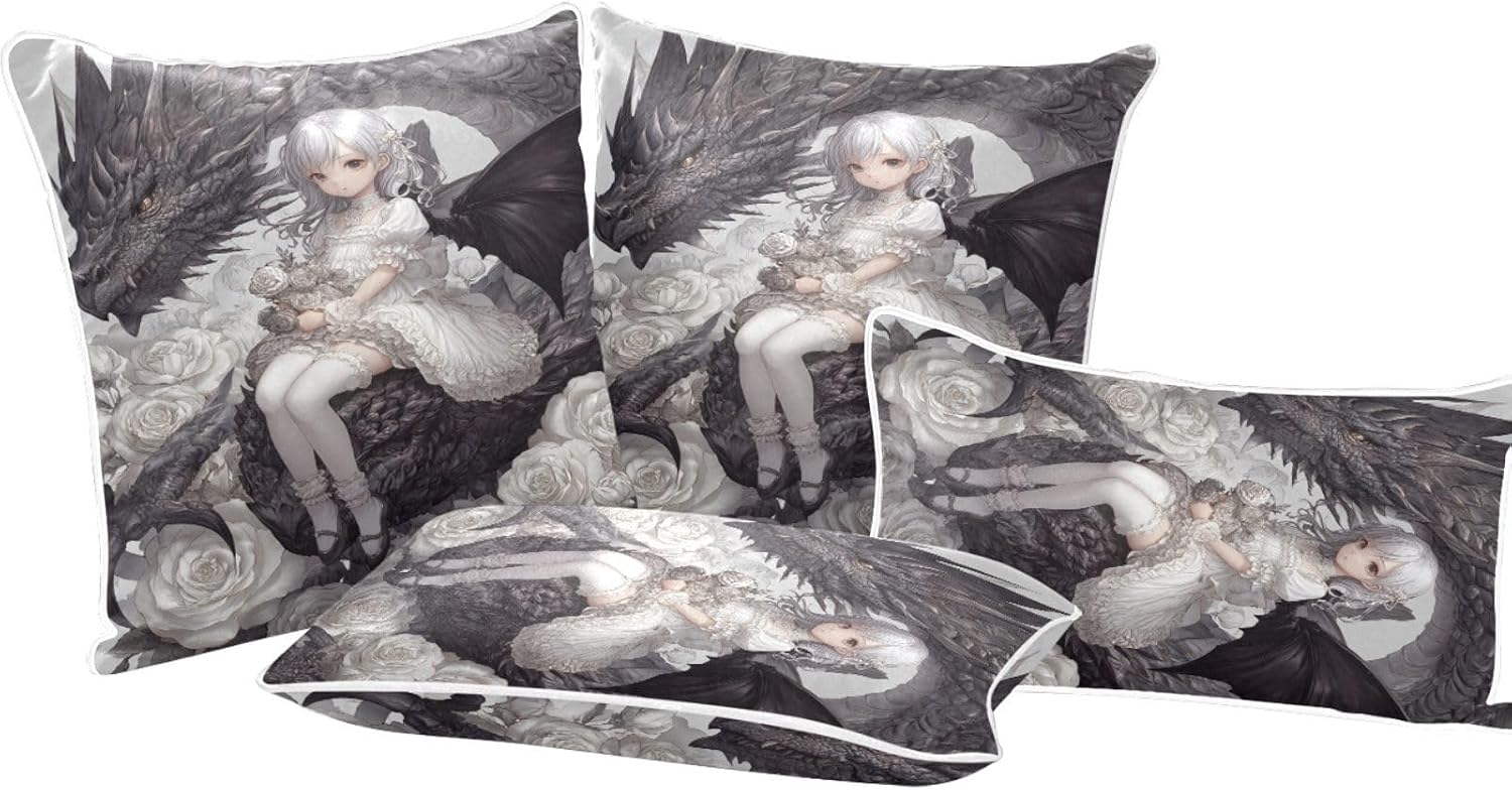 Decorative Cute Anime Girl Evil Dragon Body Pillow case Protector Set of 2 for Couch Bed Decor