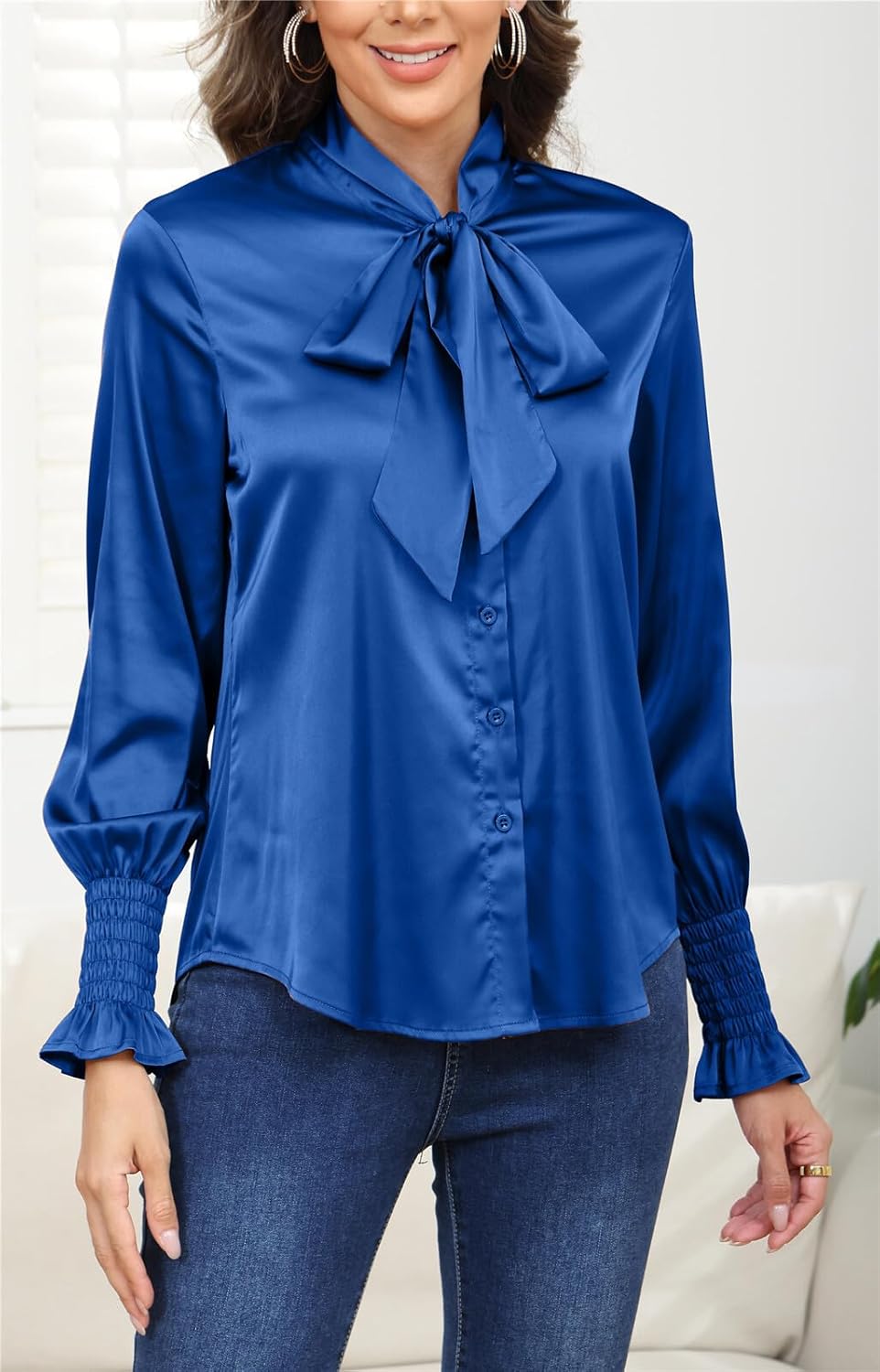 Women's Silk Button Down Blouse Bow Tie Neck Long Sleeve Dressy Elegant Office Work Blouse - Image 3