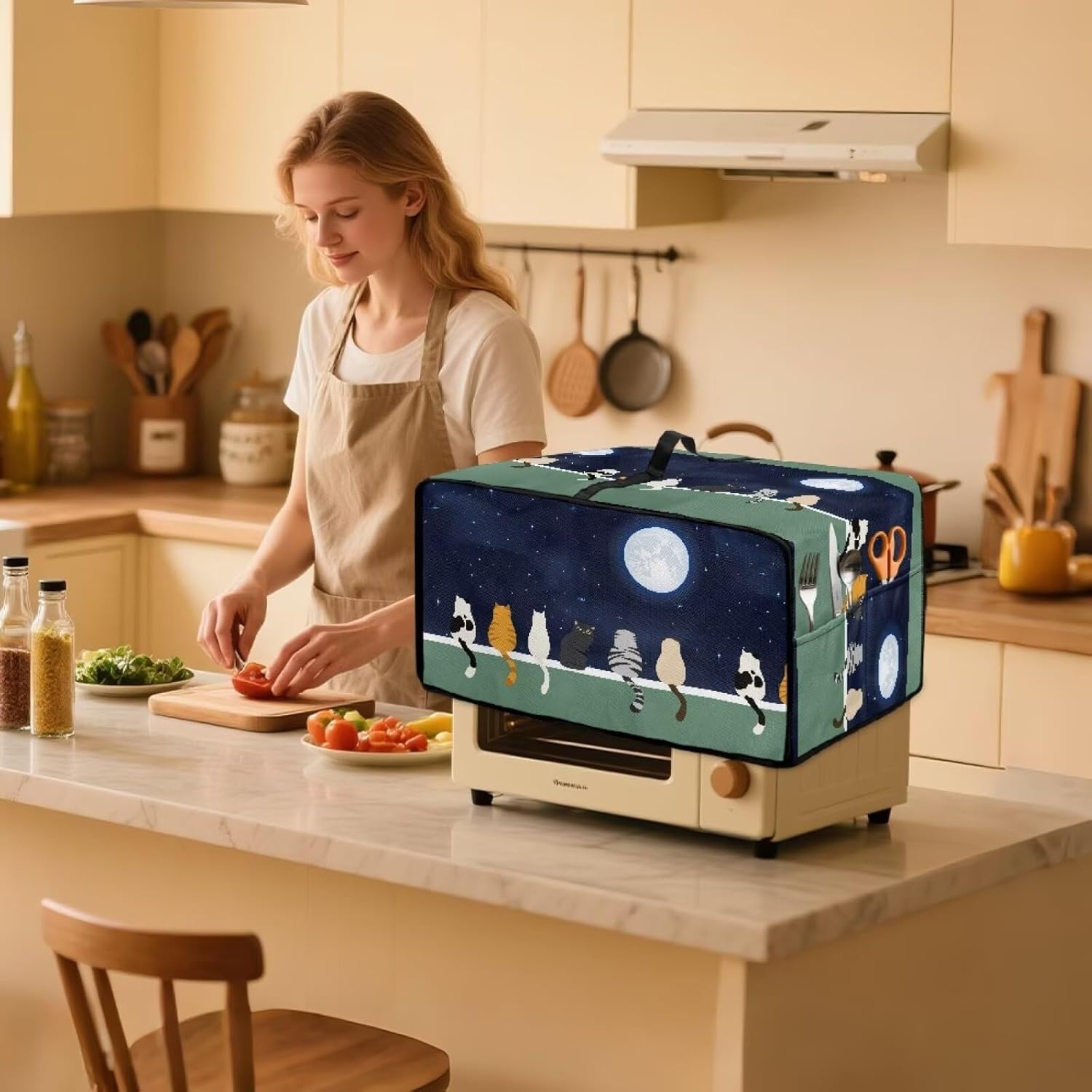 Galaxy Moon Cat Toaster Oven Dust Cover Heavy Duty Dust Protection Stain Resistant Bread Maker Cover for Kitchen Counter Decorative, L, Blue and Green
