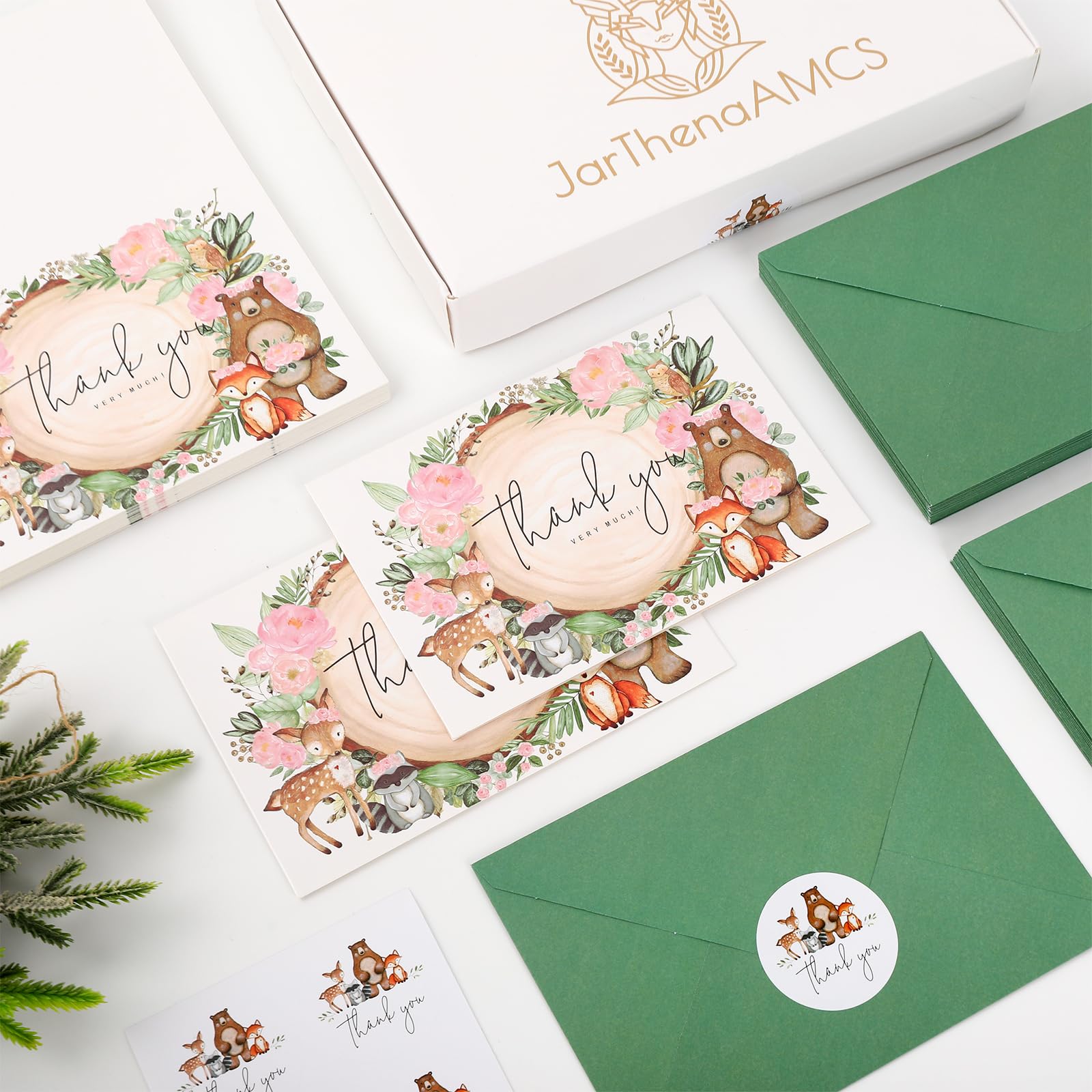 JarThenaAMCS Paquete de 50 tarjetas de agradecimiento del bosque en caja, tarjetas de felicitación de animales del bosque con sobres, calcomanías en blanco, tarjetas de notas en blanco para baby