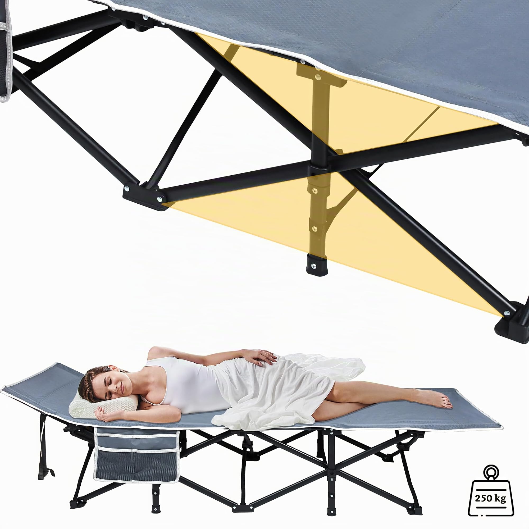 FIVMEN Lit de camp pliable avec sac de rangement, sac de transport, jusqu'à 250 kg, 190 x 62 x 38 cm, pour adultes, jardin, camping, voyage, extérieur et intérieur