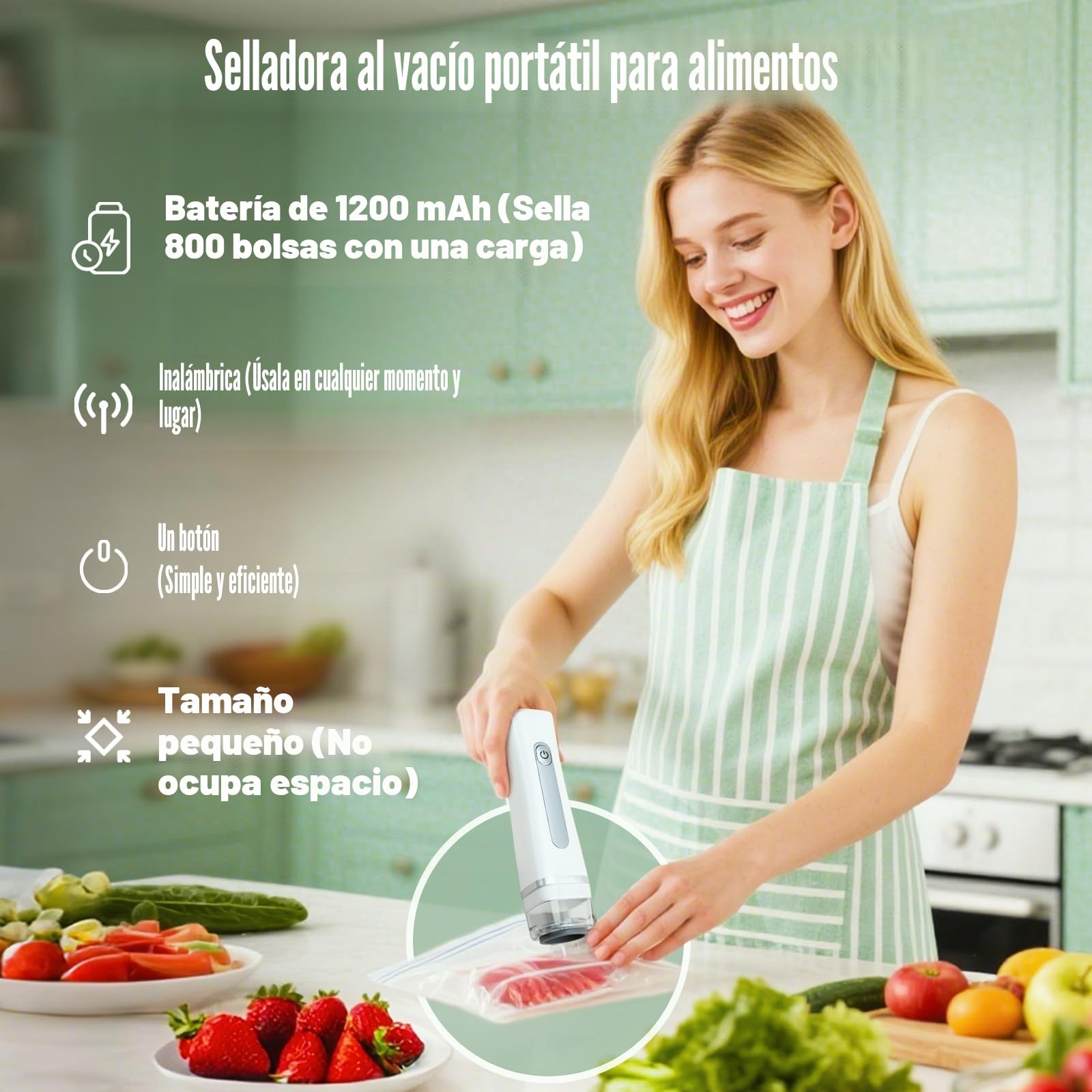 Selladora al Vacío Manual Compacta para Alimentos, Máquina Portátil con 30 Pieza Bolsas Reutilizables | Mini Selladora de Conservación, Compacta Chef para Preservar Alimentos