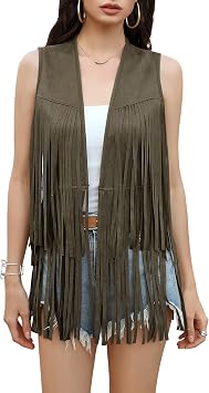 KOJOOIN Womens Fringe Vest 70s Hippie Faux Suede Rivets Sleeveless Fringe Jacket Army Green S