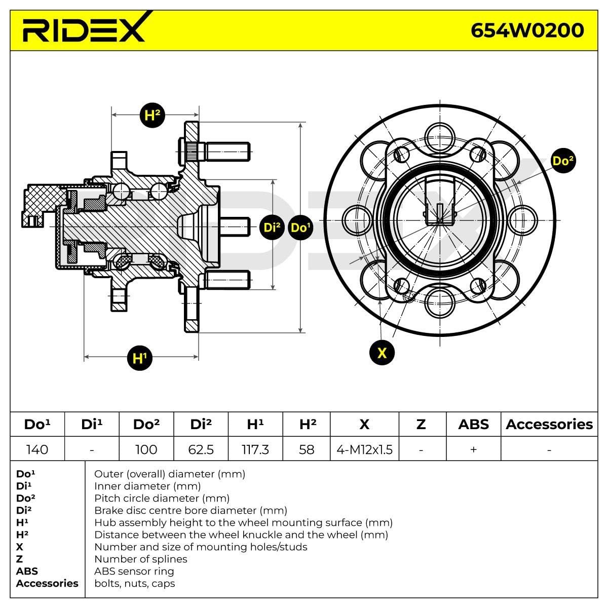 RIDEX 654W0200 Kit cuscinetto ruota Posteriore Sinistra Posteriore Destra Cuscinetto ruota integrato nel mozzo con anello sensore magnetico integrato con sensore ABS integrato