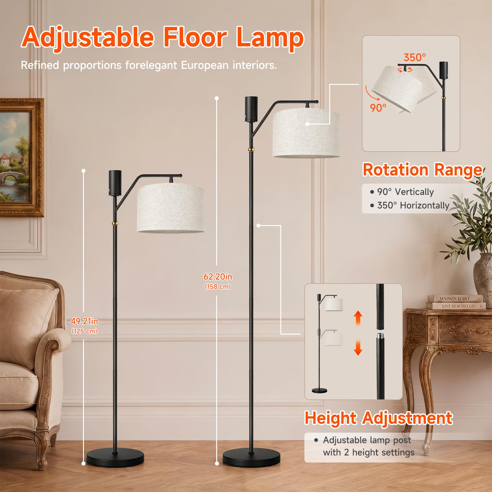 Ketom Akku Stehlampe mit Fernbedienung, LED Stehlampe Wohnzimmer Dimmbar | 3 Farbtemperatur, Timing, Stehlampen mit Schirm, Stehleuchte Kabellos Vintage, für Büro Schlafzimmer