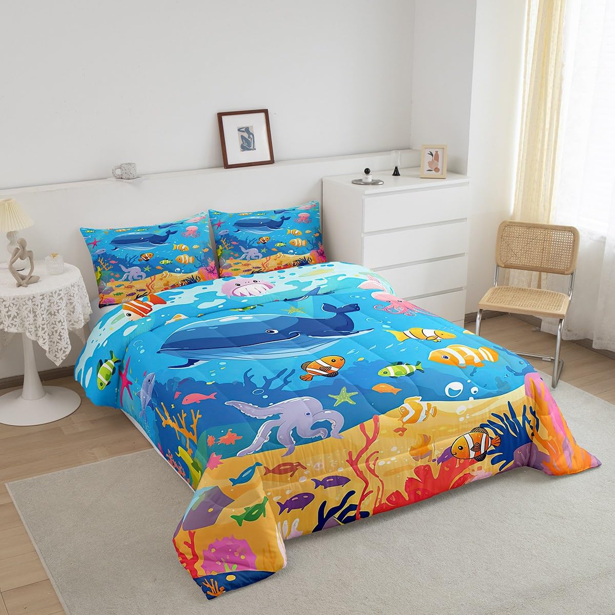 Feelyou Cartoon Cute Marine Animals Comforter Set Twin Size Kids Fish Dolphin Octopus Comforter for Boys Girls Teens Underwater World Bedding Set Summer Ocean Duvet Set Room Decor