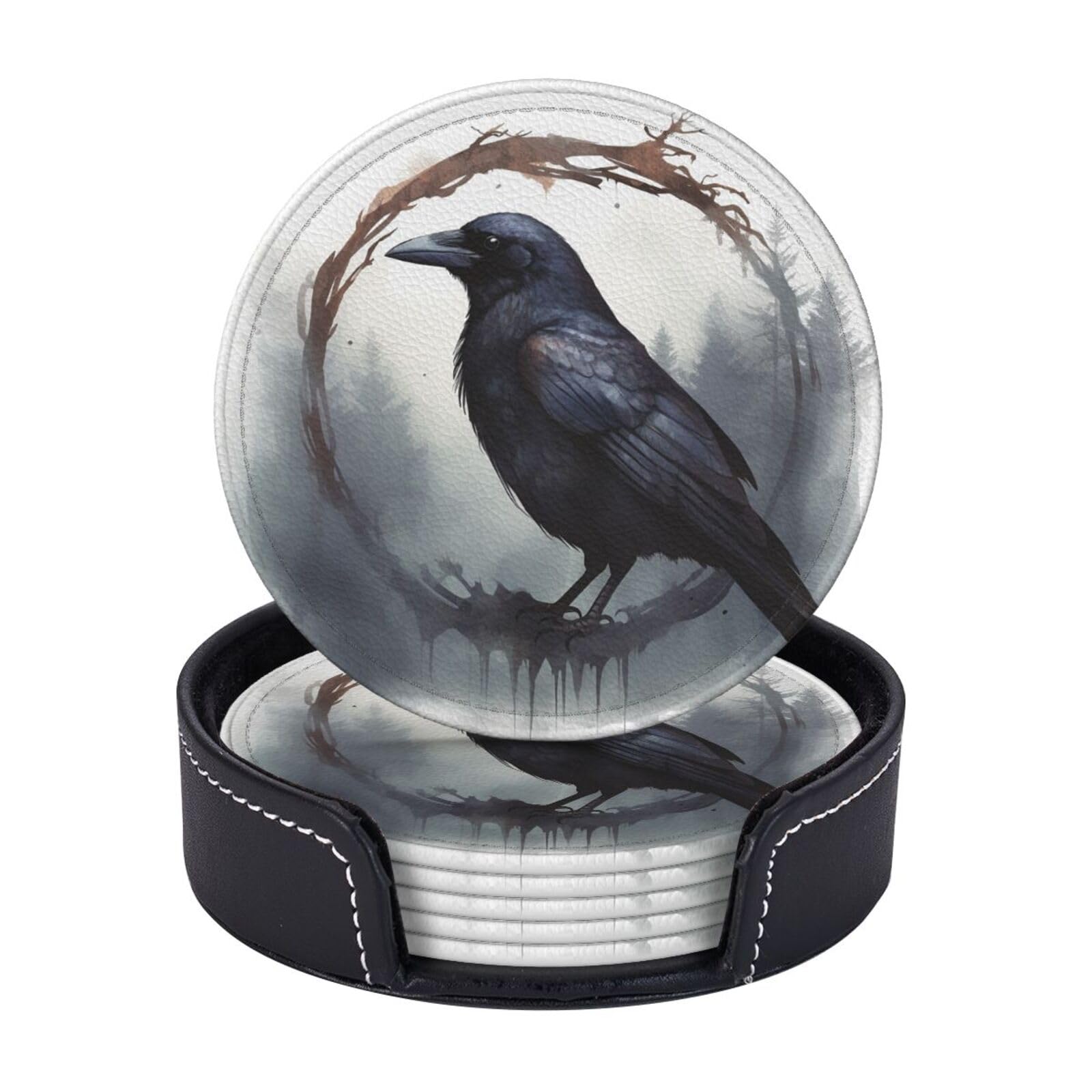 6Pcs PU Leather Coaster for Drinks, Black Crow Cup Coasters with Holder, Aesthetic Drink Coasters for Coffee Table, Round Coaster for Tabletop Protection 4" Cup Mat Pad