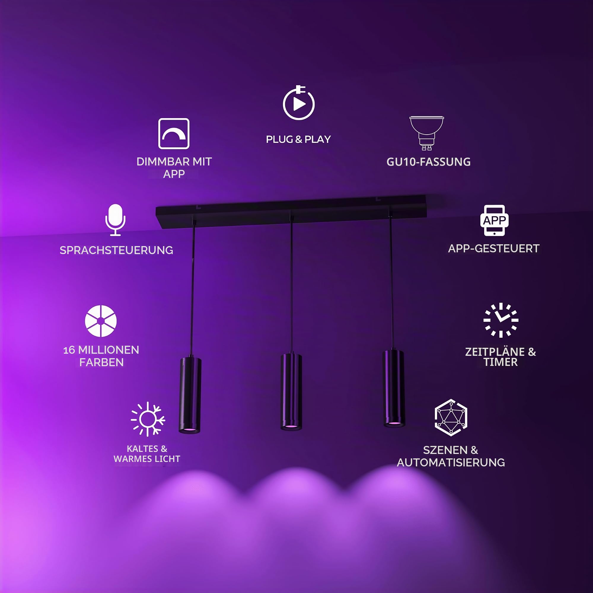 CALEX Smart LED Pendelleuchte, GU10, 3-flammig, höhenverstellbar, RGB-Farben & kalt- bis warmweiß Licht, dimmbar, WLAN App- & Sprachsteuerung, Matt Schwarz