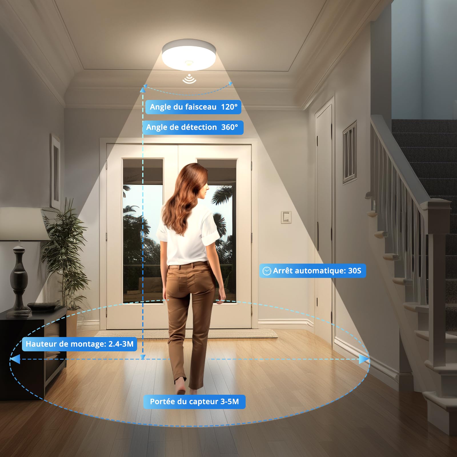 Plafonnier LED Detecteur de Mouvement 15W, Lampe Plafond avec Capteur Intérieur, IP56 Luminaire Plafonnier Automatique, pour Hublot, Couloir et Cave, 220V Motion Sensor Rond Ceiling Lights Indoor