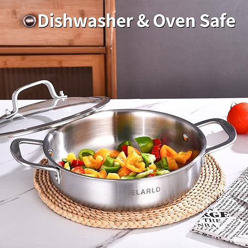 Miniatura 5 de DELARLO Sartén de Acero Inoxidable de Tres Capas de 3QT con Tapa, Sartén Profunda de 12 Pulgadas, Sartén Grande de Inducción, Sartén de Cocina, Apto