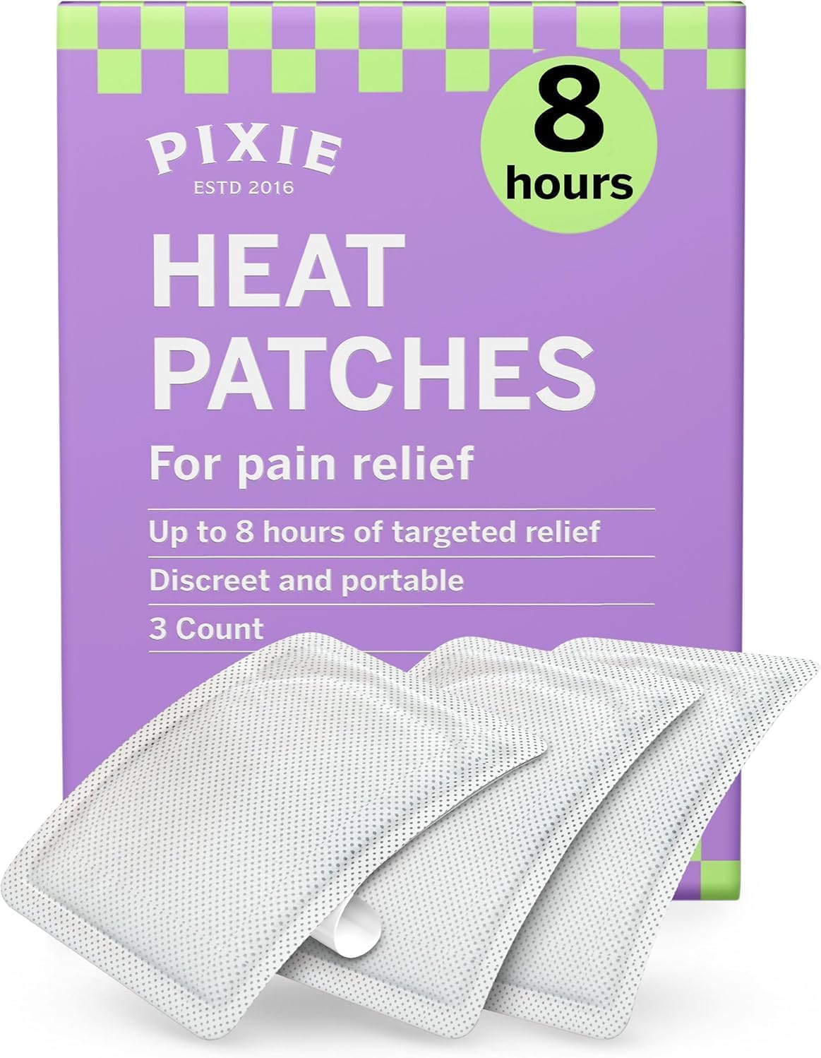 Pixie Period Cramps Menstrual Pain Relief Heat Patches - Lower Abdominal & Back Soothing Therapy - Natural Alternative to Lidocaine ICY Hot - Up to 8 Hours - 3 Count Discreet Disposable Heat Pads
