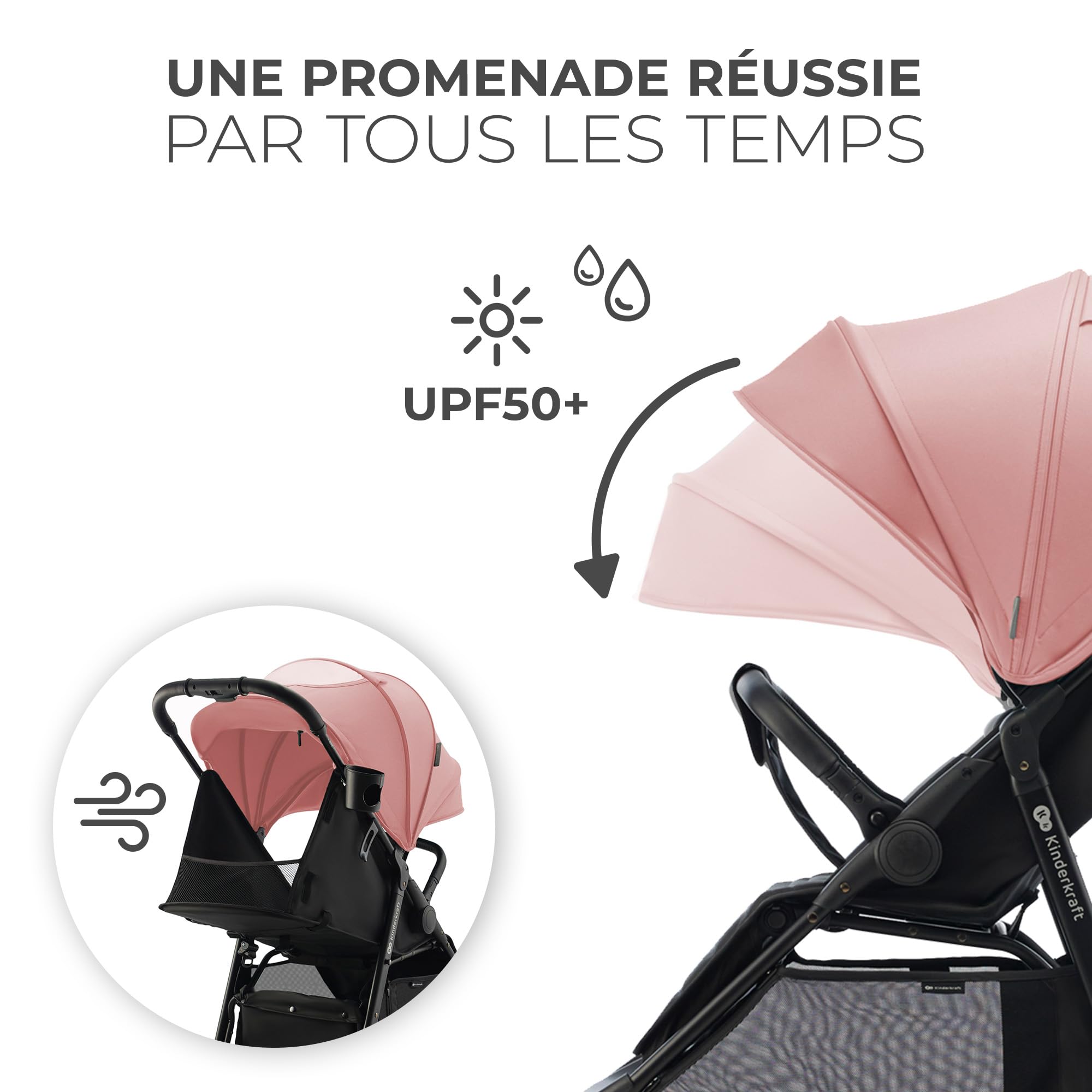 Kinderkraft RINE Poussette Canne, Poussette Compacte, Poussette Bébé, Légère, Roues en mousse durable, Imperméable avec Filtre UPF 50+, Rosa