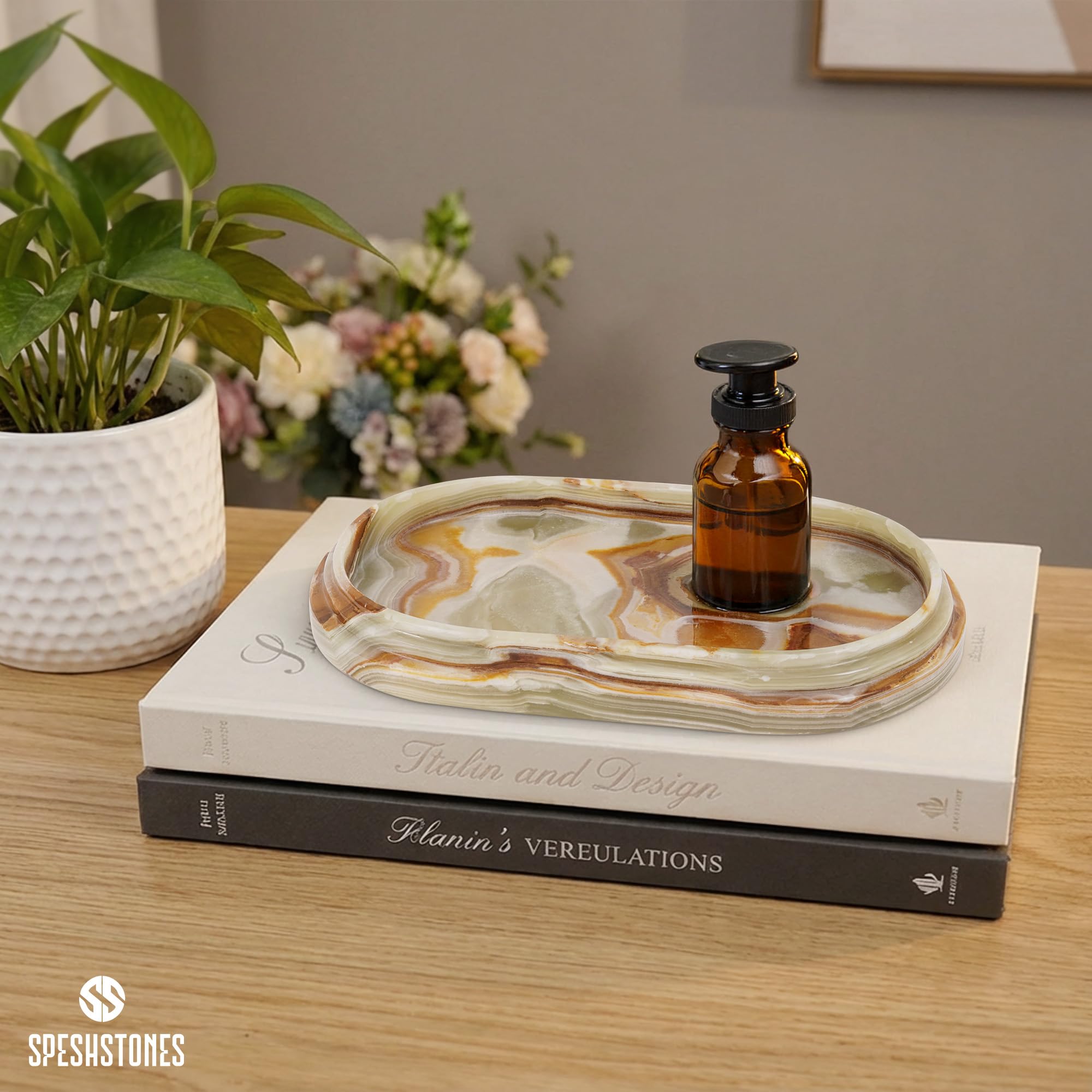 SPESHSTONES Plateau en marbre 22 cm Plateau de salle de bain fait main avec onyx vert | Plateaux décoratifs pour parfums, bougies, bijoux et coiffeuse pour la décoration de comptoir