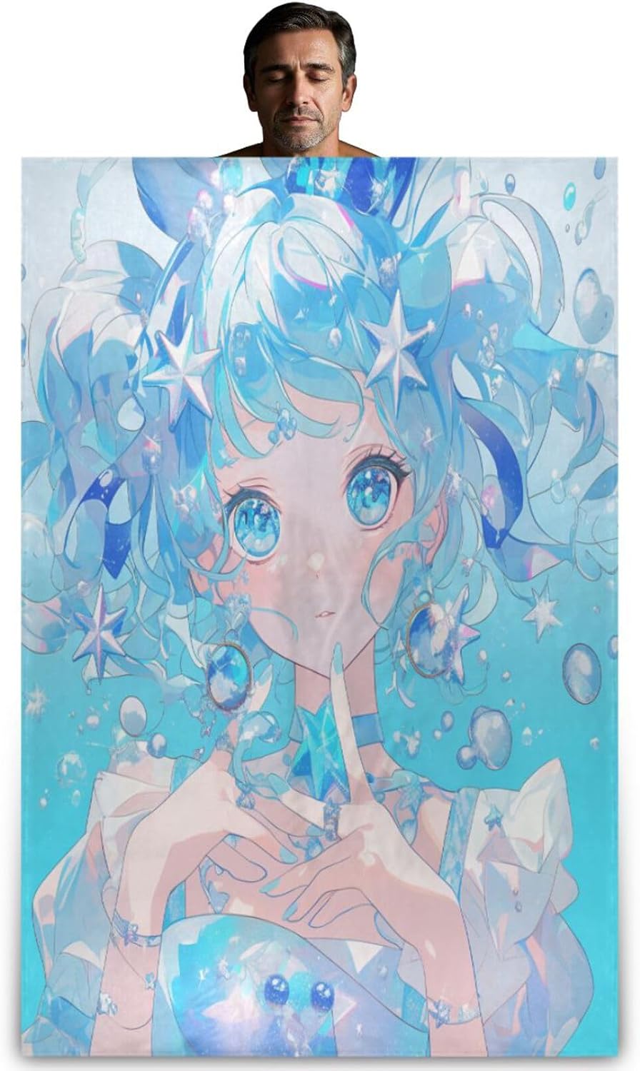 Glittering Blue Anime Girl Throw Covers Sofa Gifts for Men Women