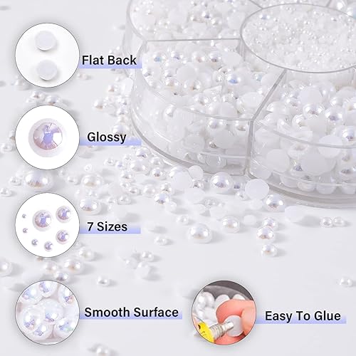 Miniatura 3 de Canvalite - 5800 piezas de medias perlas para manualidades, perlas de uñas para arte de uñas, 7 tamaños, perlas de parte trasera plana, dijes de