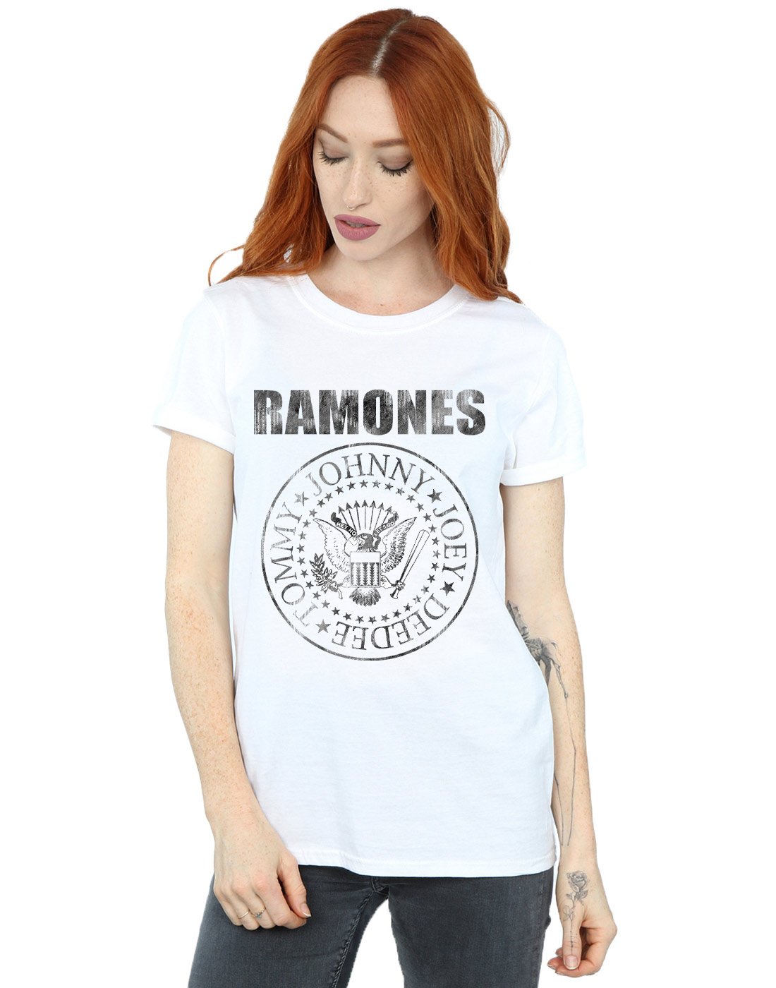 Absolute Cult Women's White Ramones Distressed Black Seal Boyfriend Fit T-Shirt Large