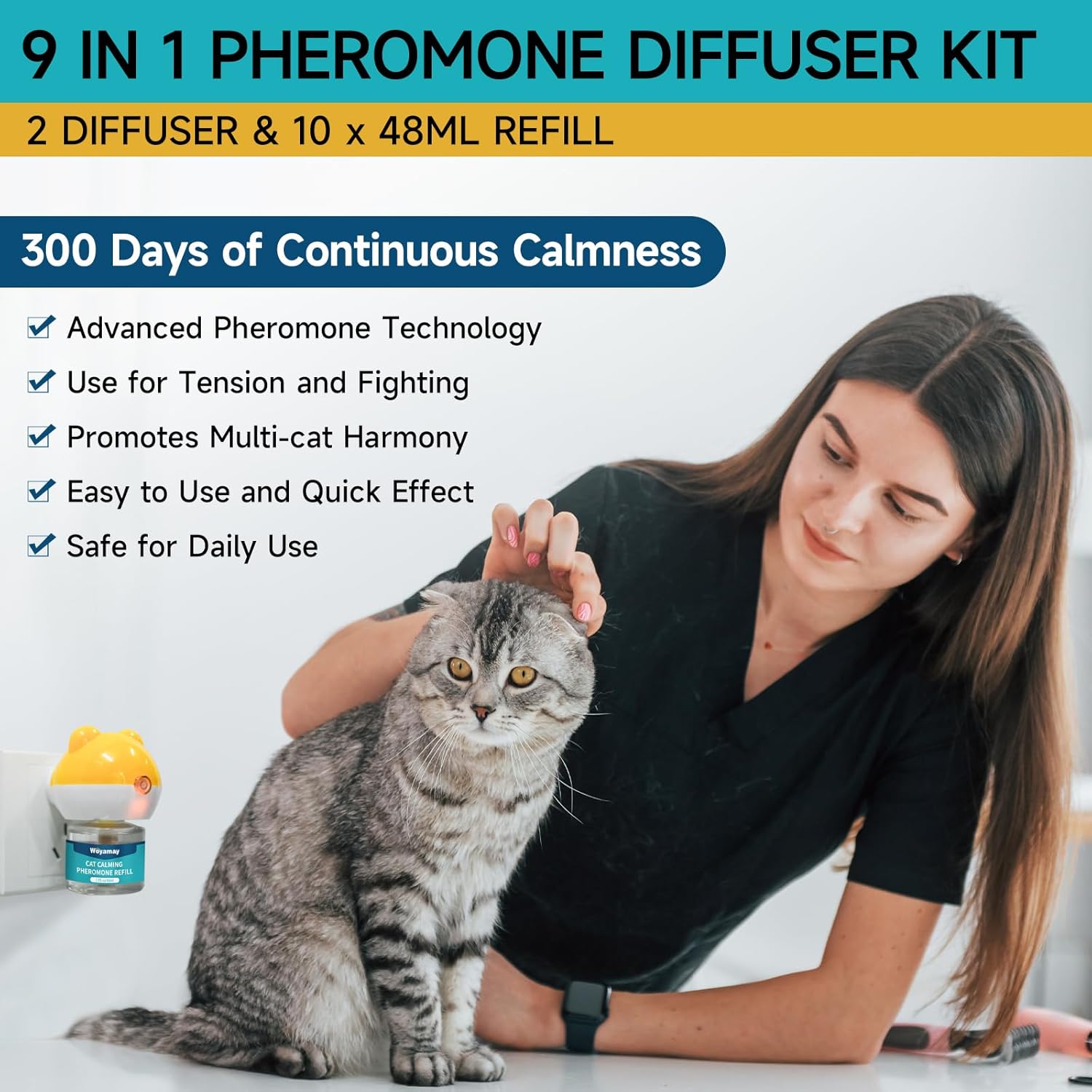 9-in-1 Cat Calming Diffuser - Cat Pheromones Calming Diffuser for Cat Anxiety Relief, Cat Pheromone Diffuser Kit with 1 Diffuser + 8 Refill 48ml Vial - 240 Days Pheromone Diffuser to Calm Cats