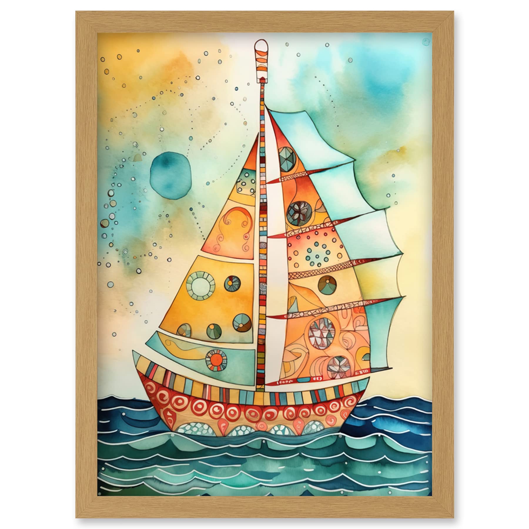 Artery8 Sailboat Concept With Dorsal Fin Sail Folk Art Artwork Framed Wall Art Print A4