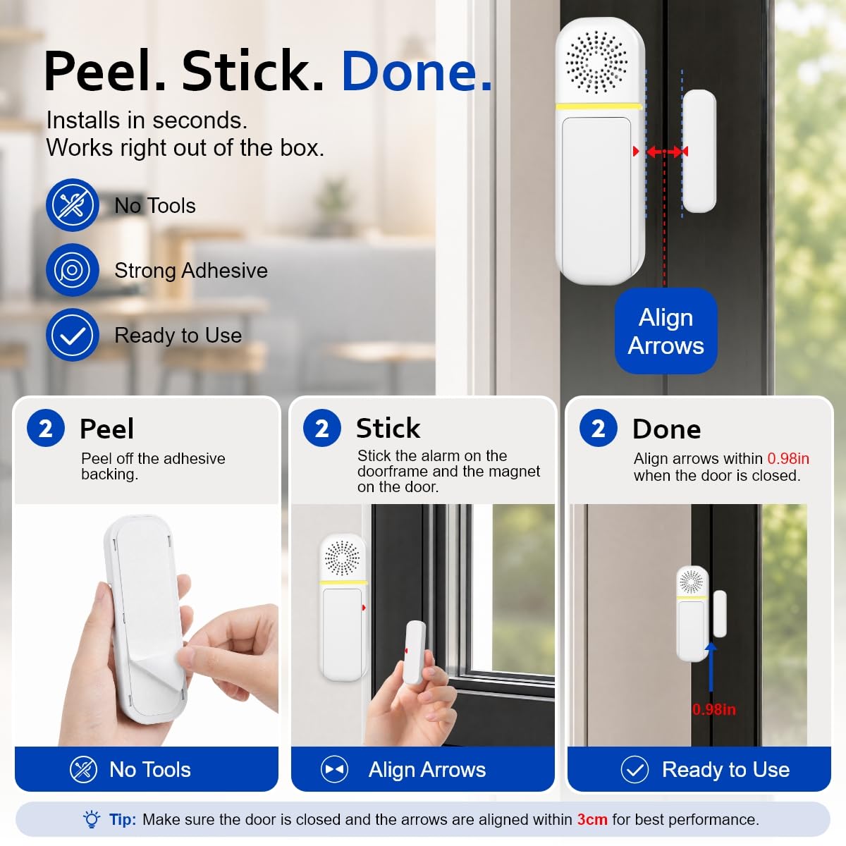 Sanjie Alarma de puerta con alertas instantáneas y retardadas 30s/1min/2min, alarmas de puerta y ventana para seguridad de los niños/seguridad del hogar, volumen 0-120 dB, timbre de entrada de puerta