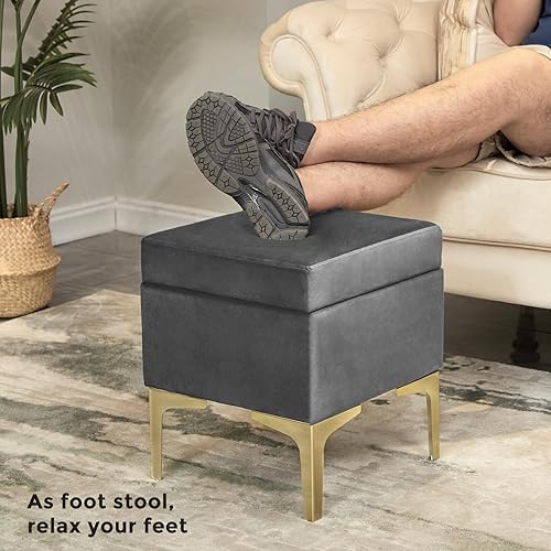 Miniatura 3 de HOUCHICS Reposapiés pequeño, otomano de madera de terciopelo con patas de madera, reposapiés para sofá, asiento adicional para sala de estar,