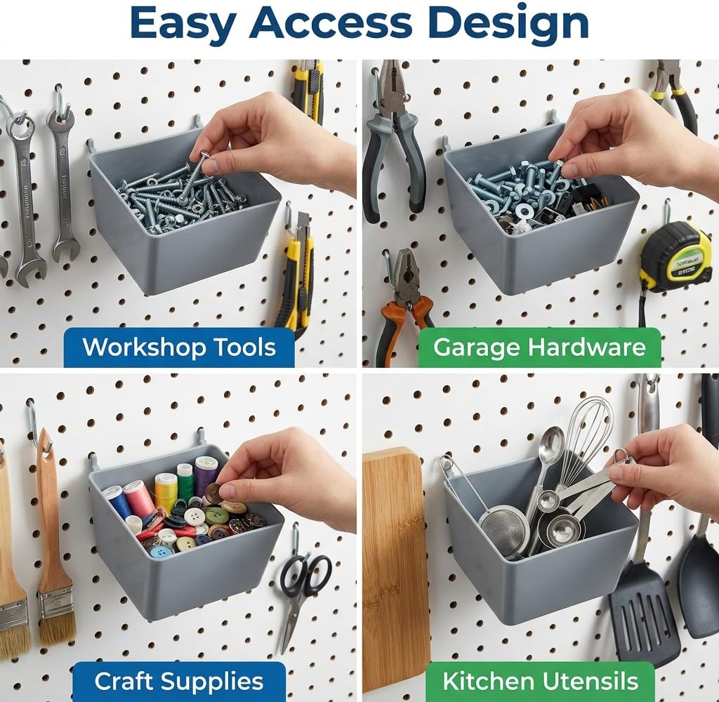 Pegboard Bins and Hooks Set, 4 Pack Open Front Storage Bins with 2 Inch Hooks, Small Parts Organizer Add-On for Screws, Nails, Tools, Garage Workshop Wall Storage