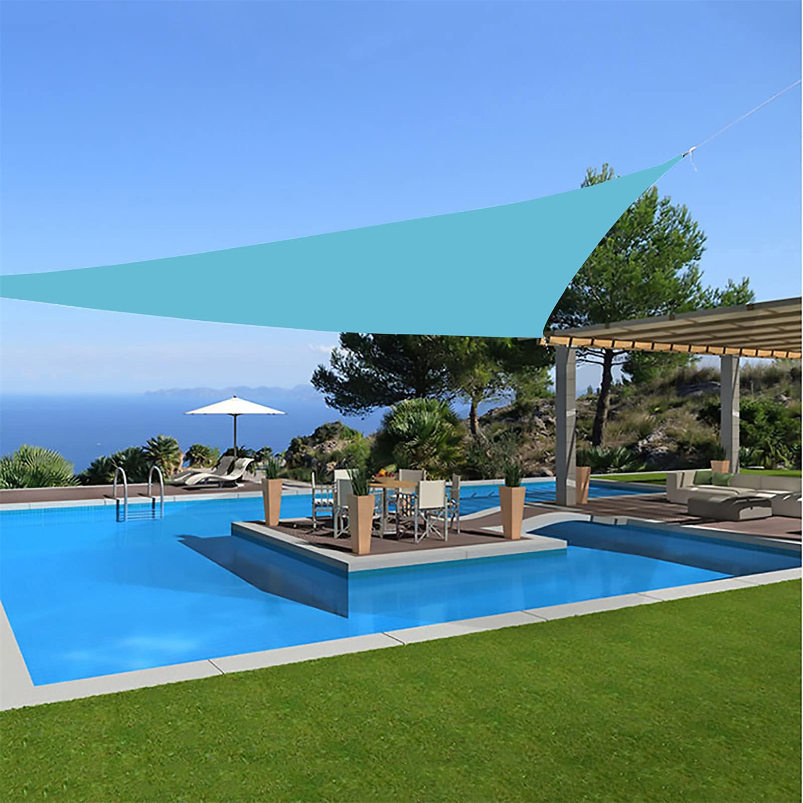 Vela parasole patio, 5X5X5M Sunsn Canopy Triangolare Telo ombreggiante Tessuto impermeabile 90% Protezione UV giardino Campeggio Prato Piscina Auto, Giallo sabbia, Turchese