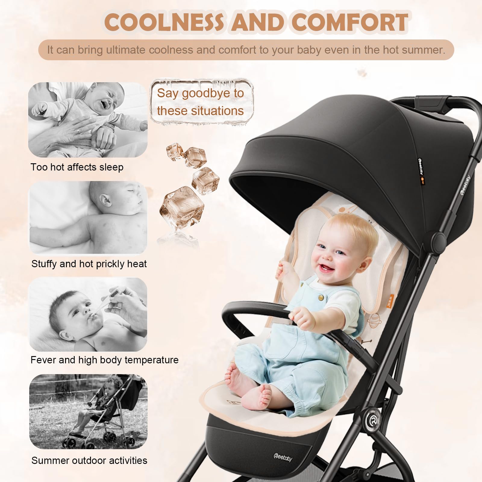 Sitzauflage Kinderwagen Sommer Kinderwagen, 5 Punkt Gurt Kühlkissen Weiche Atmungsaktive, 3 Stück Kühler, Kissen Schulterpolster, Kopfkissenkinder, Mit Niedlichen Tieren (Bär)