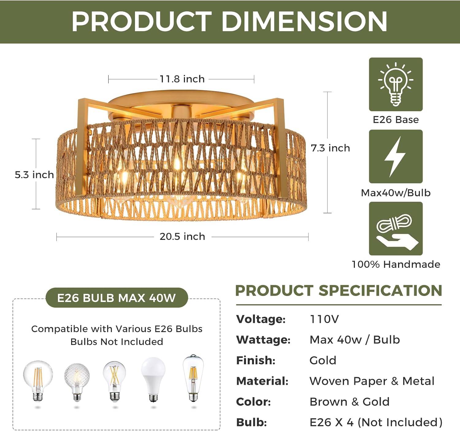 20.5" Rattan Ceiling Light, 4-Light Gold Semi Flush Mount Ceiling Light Fixture, Boho Handwoven Close to Ceiling Light Fixtures for Bedroom, Living Room, Hallway, Entryway, Foyer, Dining Room, Kitchen image 3