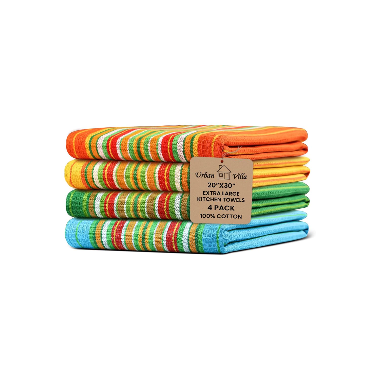 Urban Villa Kitchen Towels 100% Cotton Dish Towels for Kitchen(Set of 4)20”x30” Dish Cloths Highly Absorbent Kitchen Linen Set with Hanging Loop Perfect for Drying Dishes Cleaning Towels -Multi Color