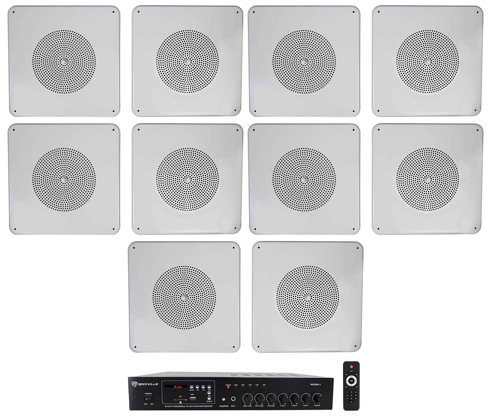 Rockville RCS80-1 60 Watt 70v Commercial/Restaurant Amplifier/Bluetooth Receiver Bundle with (10) MS81 Metal 8