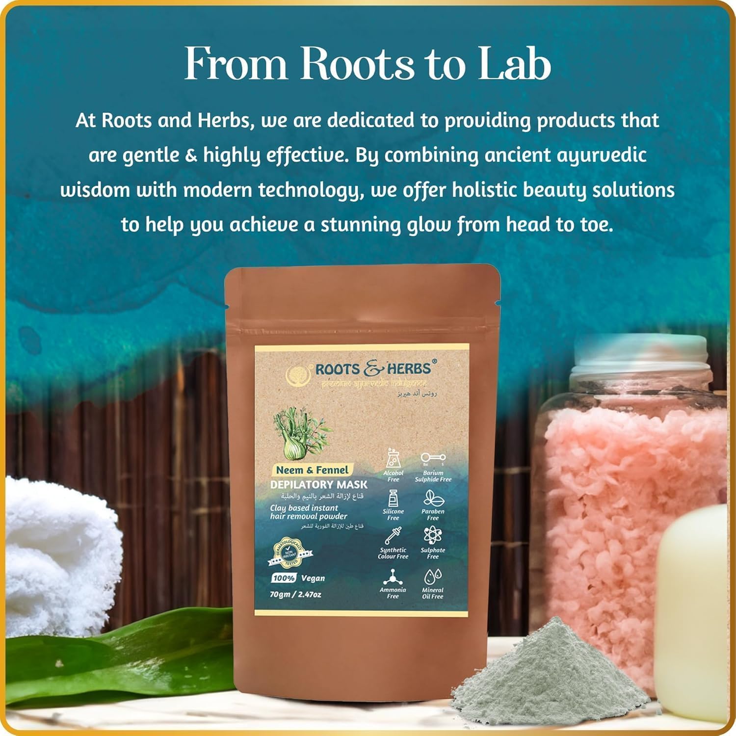 Roots and Herbs Neem - Maschera per depilazione al finocchio, per donne e uomini, gambe, ascelle, petto, con erbe ayurvediche per tutti i tipi di pelle, 470 ml (confezione da 1)