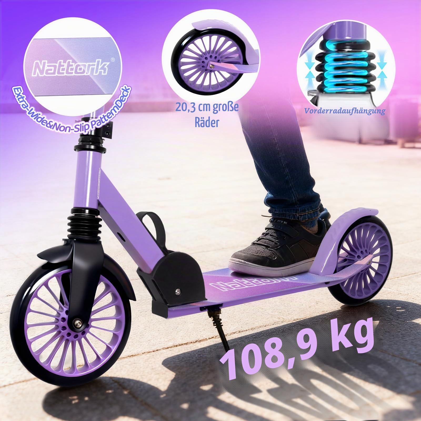 Nattork Kick Scooter - Roller Kinder bis 100 Kg für Teenager & Erwachsene, Cityroller Tretroller Höhenverstellbarer & klappbar, Kinderroller mit 200 mm Große Räder