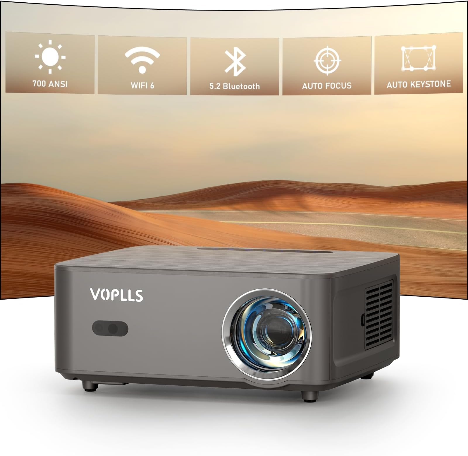 VOPLLS Auto Focus Projector, 4K Projector with WiFi and Bluetooth, Native 1080P Outdoor Home Theater Movie Projector, Auto 6D Keystone, Compatible with HDMl, USB, AV, Smartphone/Tablet/Laptop (25000L)