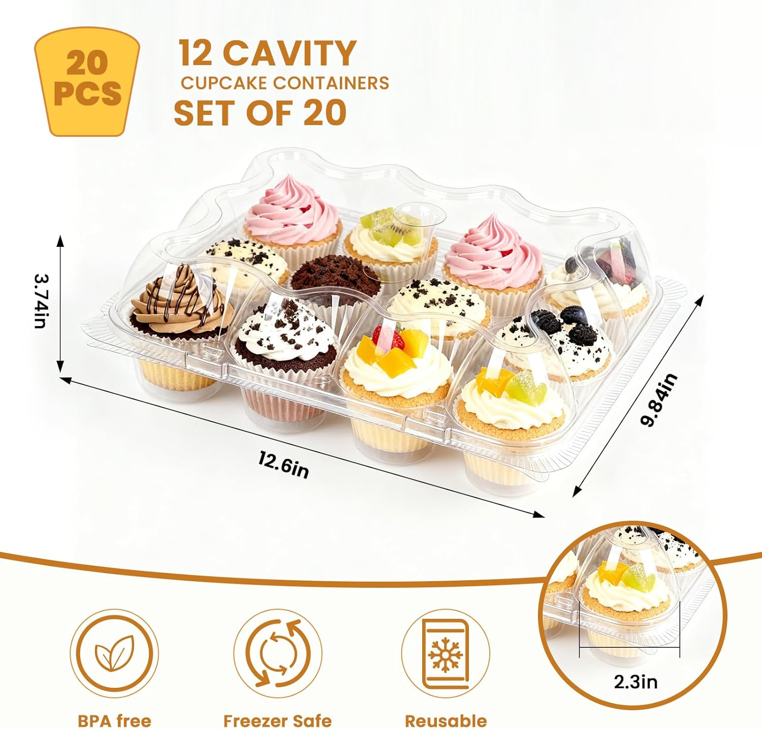 Dayacoco 12 Count Cupcake Containers, 20 Pack Stackable Cupcake Carrier with 250 Pack Cupcake Liners, Plastic Cupcake Boxes Holders, Clear Cupcake Disposable Trays for Baking, Parties, Gifting