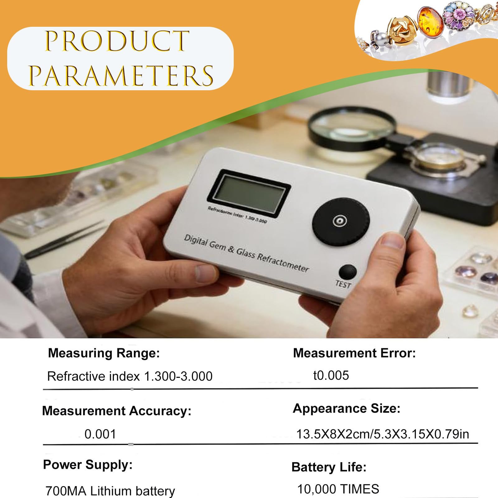 Refractómetro Profesional de Piedras Preciosas, Detector de Identificación de Joyas con Pantalla LCD, índice de Refracción de 1.300 a 3.000, para Joyería y Diamantes