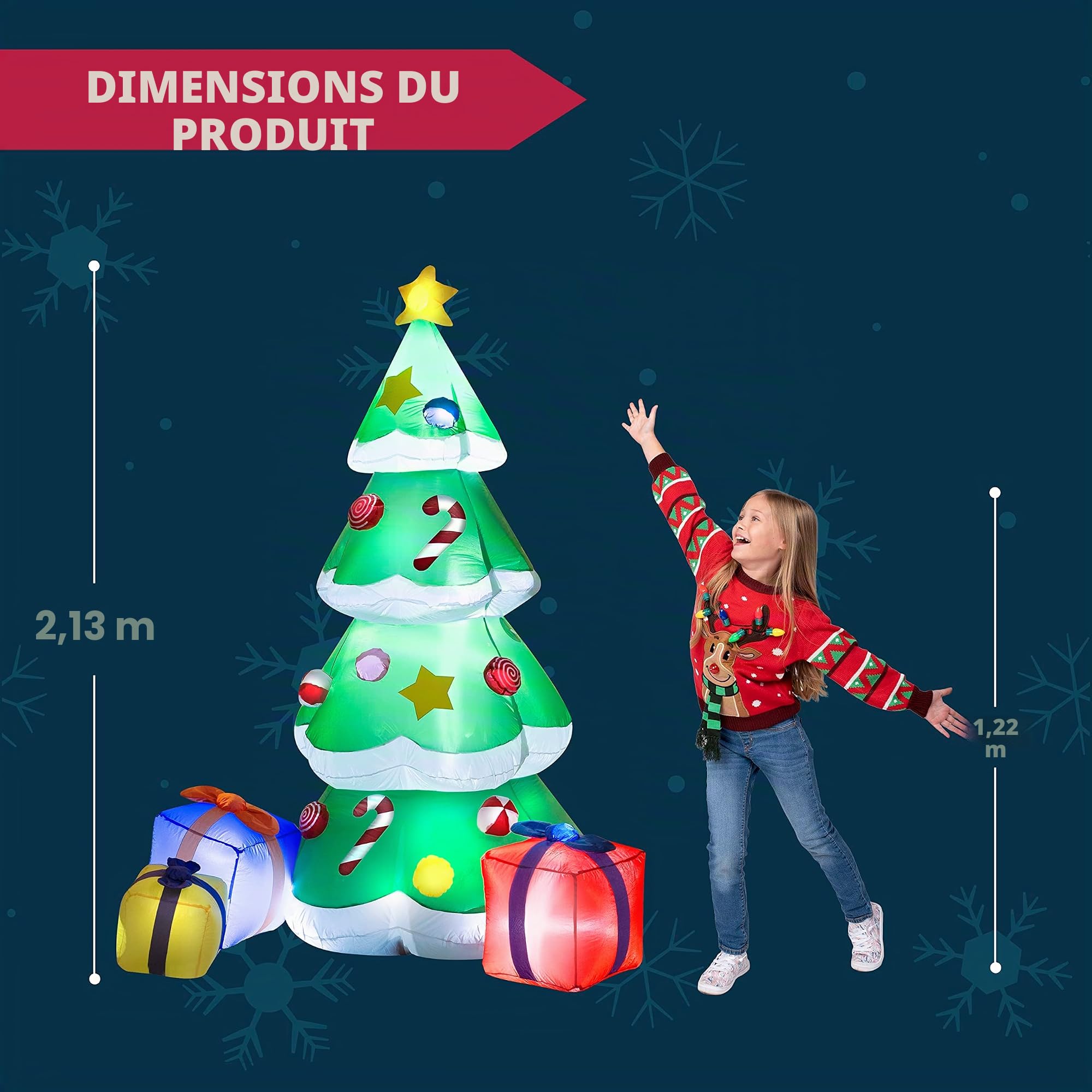 Joiedomi Sapin de Noël géant gonflable à DEL de 2,1 m avec 3 boîtes cadeaux, parfait pour décoration de cour gonflable, intérieur ou extérieur, décoration de Noël
