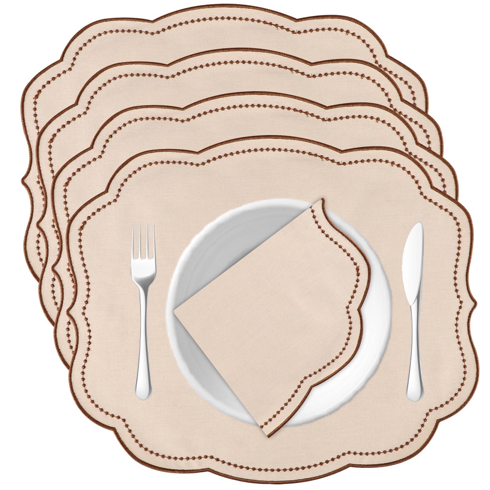Place Mats for Table 4PCS Thick Cotton And Linen Embroidered Placemats For Wedding Party Birthday Dinner Tea Towel Table Rustic Christmas Napkins(Khaki)