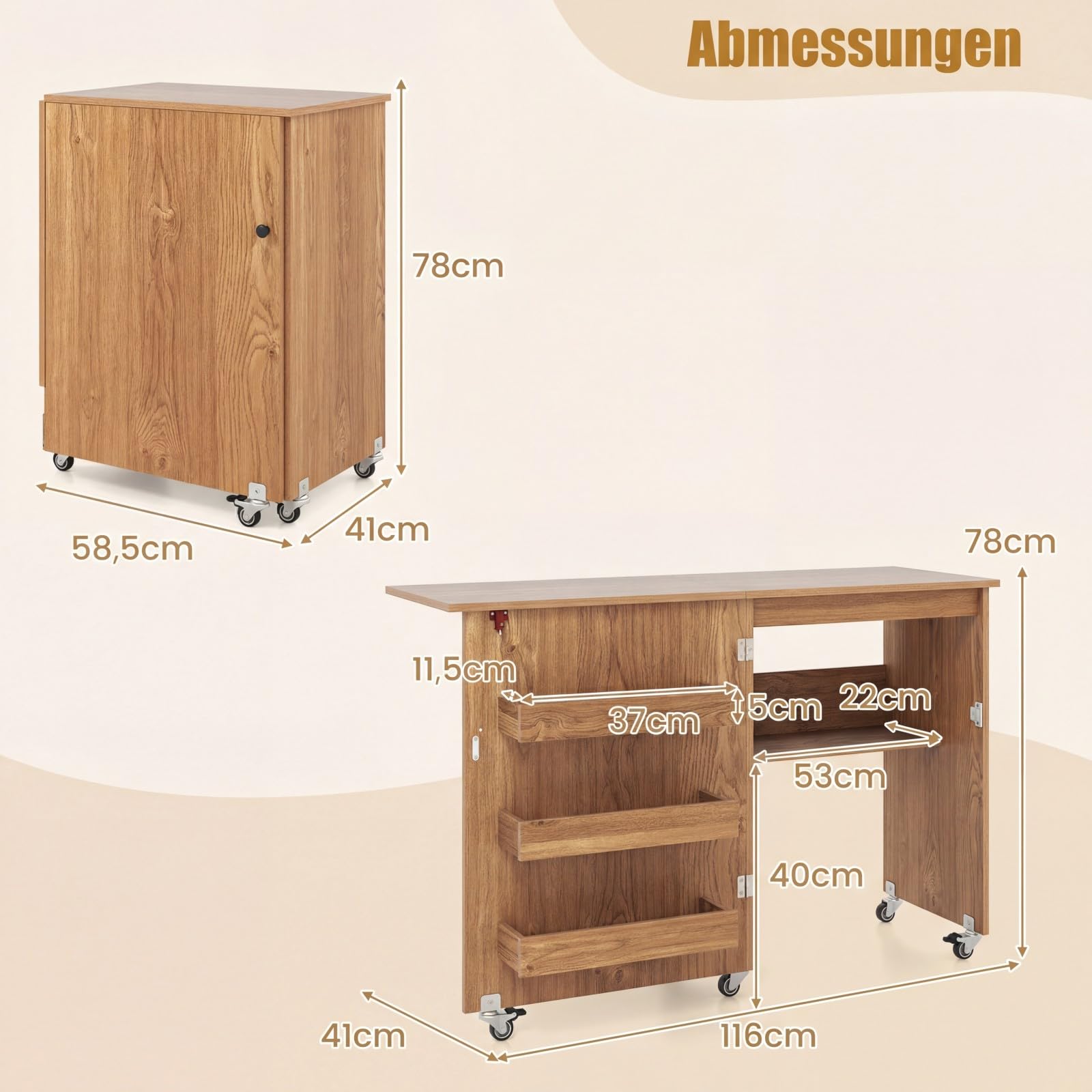 GIANTEX Nähtisch klappbar, Nähmaschinentisch auf Rollen, Nähtisch für Nähmaschine, Nähschrank Holz, Mehrzwecktisch für Wohnzimmer Arbeitszimmer Schlafzimmer (Eiche)